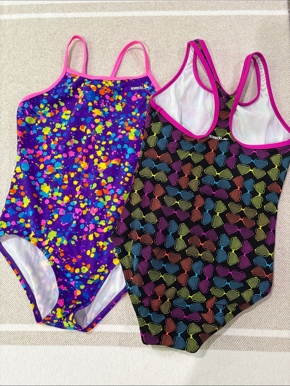 Speedo 2 suits Purple Neon Splatter & Black Heart Sunglasses One-Pieces Sz 14